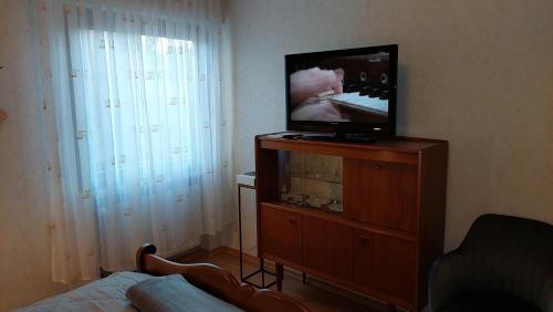 einen TV auf einer Kommode in einem Zimmer in der Unterkunft Fremdenzimmer Familie Förster in Villingen-Schwenningen