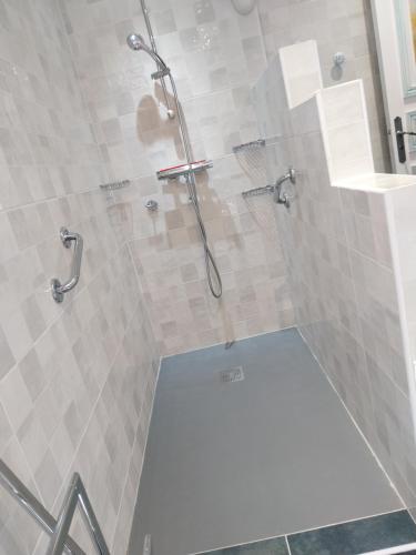 a shower with a glass door in a bathroom at Domyv'Loup in Entrevaux