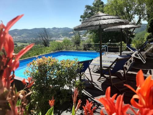 een zwembad met een parasol en stoelen en een tafel bij Tolles Ferienhaus in Urbino mit Grill, Garten und Terrasse in Urbino