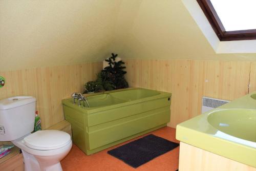 ein Badezimmer mit einer grünen Badewanne neben einem WC in der Unterkunft Appartement 5 pers sur la plage à Ploumanac'h, VUE MER à PERROS-GUIREC - Réf 897 in Perros-Guirec