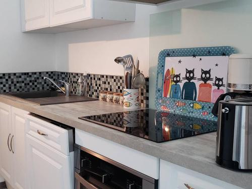 - une cuisine avec un comptoir, un évier et un comptoir sidx dans l'établissement Appartement avec balcon VUE MER plage de Trestraou à PERROS-GUIREC - Réf 903, à Perros-Guirec