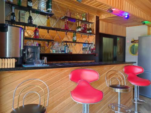 a bar with red stools in front of a counter at Жемчужина Иссык - Куля in Cholpon-Ata