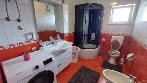 uma casa de banho com um lavatório e uma máquina de lavar roupa em Apartment Disa em Kaštela
