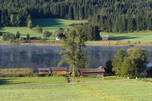 a large lake with a group of buildings and trees at Haus Garz in Weissensee