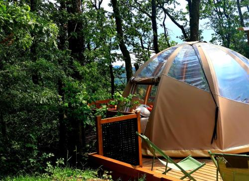 eine Jurte im Wald mit einer Holzterrasse in der Unterkunft Le Mobil'Dôme à Marie in Cambounès