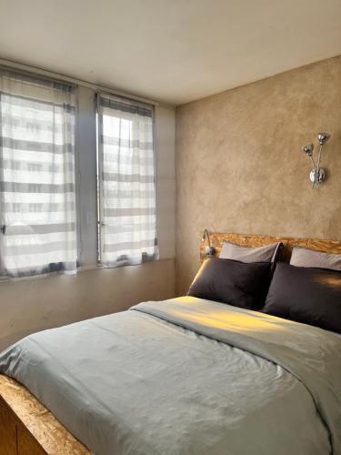 a bedroom with a large bed and two windows at Appartement cosy près de la Seine in Boulogne-Billancourt
