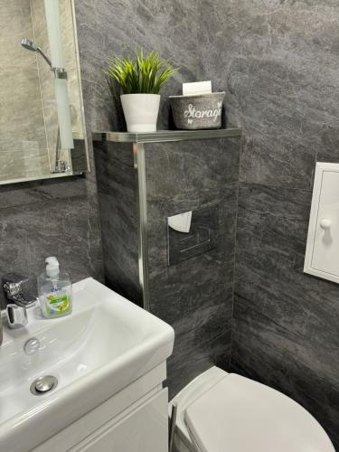 a bathroom with a white toilet and a sink at Апарт Диана in Yambol