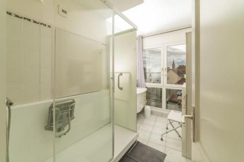 een badkamer met een douche en een glazen deur bij Le central in Mulhouse