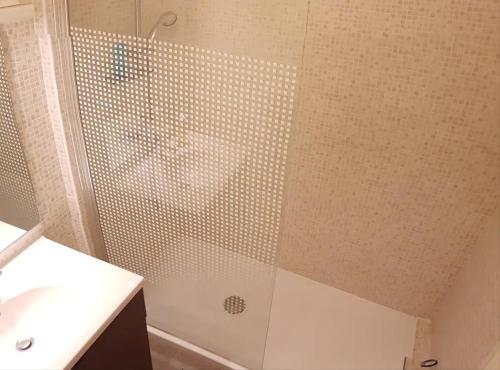 une salle de bain avec une douche avec une porte vitrée dans l'établissement Petit bijou, à 2 pas de la gare et du centre ville, à Sète