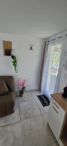 a living room with a couch and a sliding door at Studio plein Sud au calme in Montauban