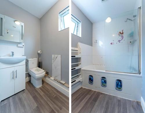 two pictures of a bathroom with a toilet and a sink at Tranquility in Cheam