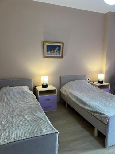 1 dormitorio con 2 camas y 2 lámparas en las mesas en BS Shkodra Apartment, en Shkodër