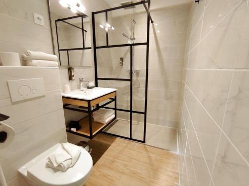 a bathroom with a shower and a toilet and a sink at Logis Le Nid du Pont de Gau in Saintes-Maries-de-la-Mer