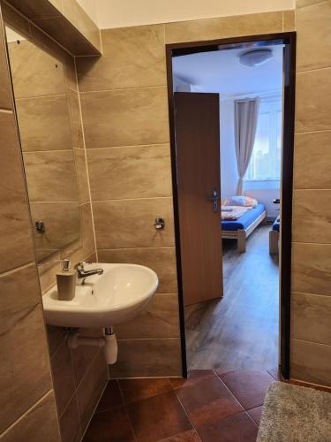 a bathroom with a sink and a mirror at Ubytováni u PÁji in Kynšperk nad Ohří