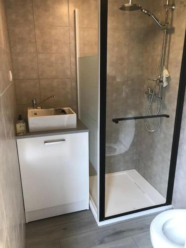 une salle de bain avec douche et lavabo dans l'établissement Perchoir de ceuse, à Sigoyer