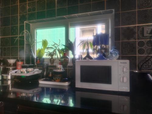 a kitchen counter with a microwave and a window at The room for two in Madikeri