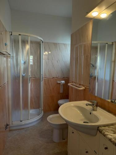 a bathroom with a shower and a sink and a toilet at Hotel Aspe in Bibione