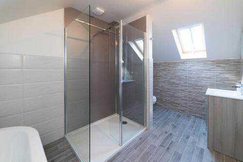 een glazen douche in een badkamer met een toilet bij Woodland Cottage in Llanasa