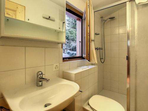 ヴェルビエにあるReine des Pres 1erのバスルーム(洗面台、トイレ付)、窓が備わります。