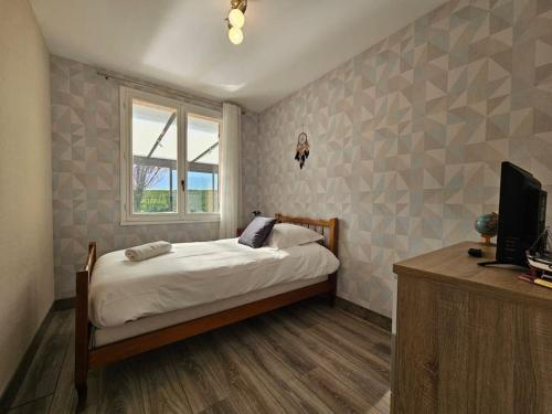 una camera da letto con un letto e una televisione di Le Beau Repère a Beaurepaire