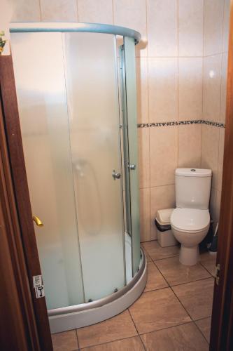 a shower in a bathroom with a toilet at Fortetsya "Стабільне електропостачання!" in Umanʼ