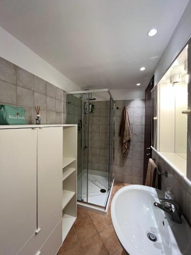 a bathroom with a sink and a shower at Villa Aurelia - Pool, BBQ & Tennis Court - San Teodoro in San Teodoro