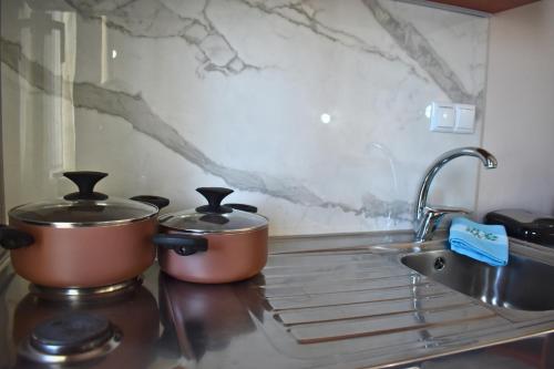 two pots sitting on a counter in a kitchen at Venice Apartments 2 in Limenaria