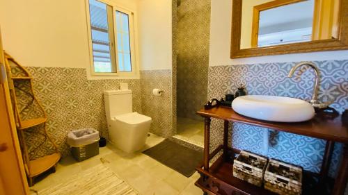 La salle de bains est pourvue d'un lavabo et de toilettes. dans l'établissement Finca del Gecko, à Alhaurín el Grande