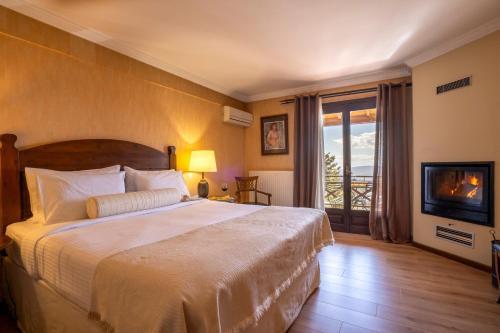 a hotel room with a bed and a television at Likoria Hotel in Arachova