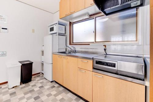 uma cozinha com armários de madeira, um lavatório e um frigorífico em Forest Agata em Matsumoto