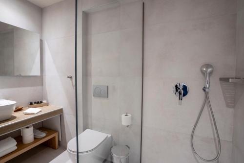 a bathroom with a shower with a toilet and a sink at Likoria Hotel in Arachova