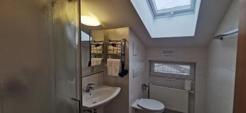 a bathroom with a sink and a toilet and a skylight at Landhaus Thaler in Mittelberg