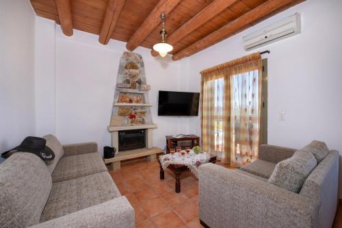 a living room with two couches and a fireplace at Malathiros Traditional Villas in Maláthiros