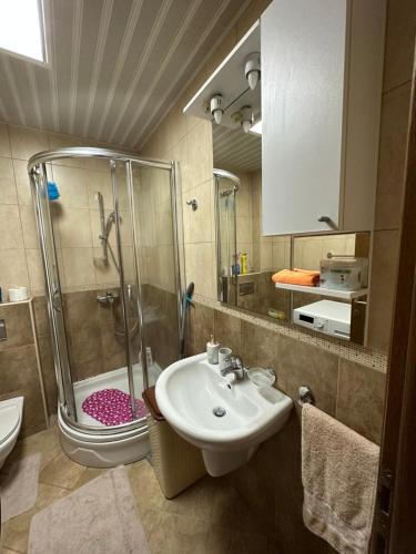 a bathroom with a shower and a sink and a sink at Apartman Marko in Risan