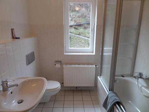 La salle de bains est pourvue d'un lavabo, de toilettes et d'une fenêtre. dans l'établissement Magistratswohnung Altesrathaus, à Wildemann