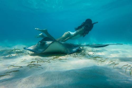 a woman riding on top of a stingray in the ocean at The Ritz-Carlton, Grand Cayman in George Town