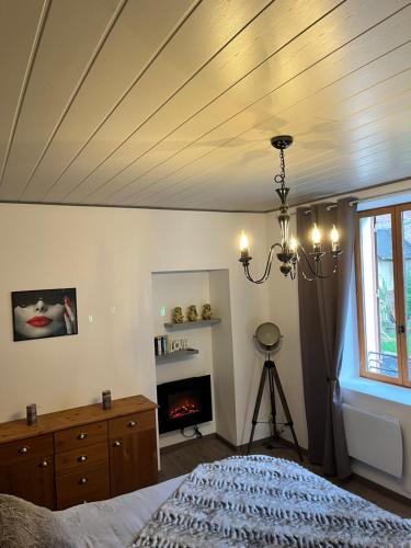 a bedroom with a bed and a fireplace at La Glycine in Chamoux-sur-Gelon