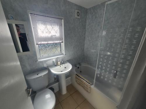 a bathroom with a toilet and a sink and a shower at Lakeside Lodge 84 in Caeathro