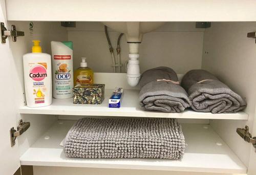 - une étagère avec des serviettes et un lavabo dans la salle de bains dans l'établissement Charmant T2 calme proche frontière Suisse, à Saint-Julien-en-Genevois