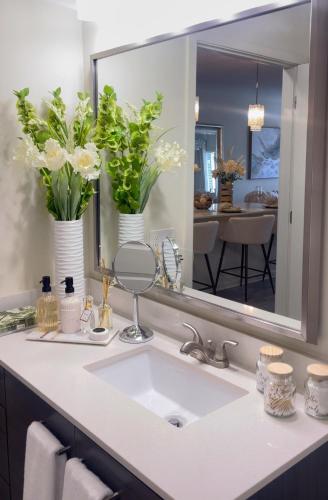 a bathroom counter with a sink and a mirror at Atlanta Beltline Luxury Suite in Atlanta
