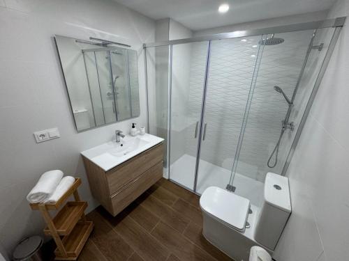 a bathroom with a shower and a toilet and a sink at Paraíso frente al mar , espectacular apartamento in El Vendrell