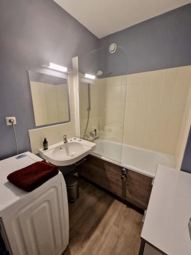 une salle de bain avec une baignoire et un lavabo et une baignoire dans l'établissement Appartement charmant bord de mer, à Cabourg