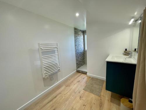 une salle de bain avec un lavabo et une douche dans l'établissement Studio à Saint-Palais avec parking., à Saint-Palais