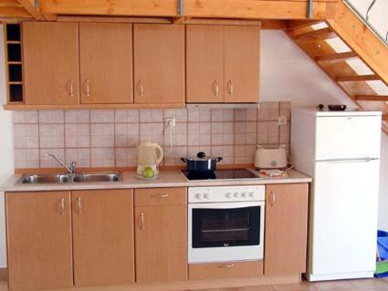 a kitchen with a stove and a sink and a refrigerator at LAKIS APPARTMENTS in Faliraki