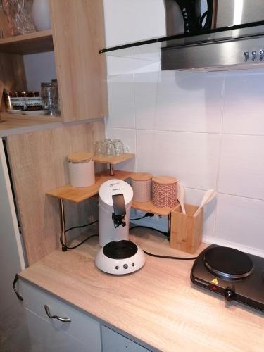 a kitchen counter with a blender on top of it at Appt l'orientale 50m2 avec terrasse in Rouvroy