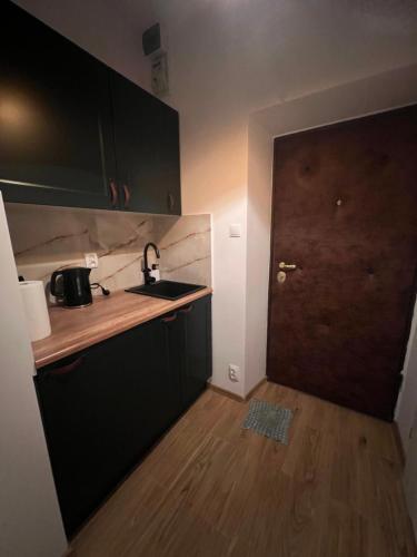 una cocina con fregadero y una puerta a una habitación en Apart Och, en Varsovia