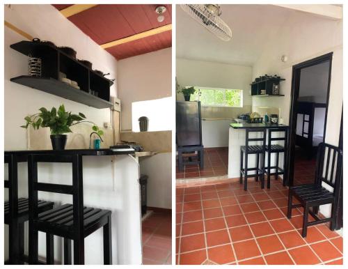duas fotos de uma cozinha com um balcão e cadeiras em Apartamentos Sol de Coveñas em Coveñas