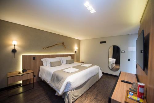 a hotel room with a large bed and a television at Pinot Hotel in Campos do Jordão