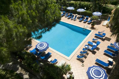an overhead view of a swimming pool with chairs and umbrellas at Le Canne Family Resort & Spa in Ischia