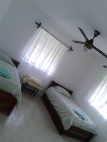 a bedroom with two twin beds and a window at Posada Dilia del Alba in Santo Domingo